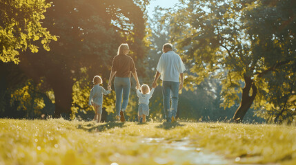 Family walking in park holding hands and smiling