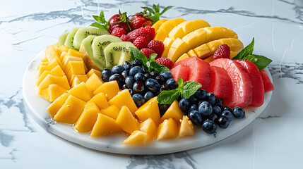Wall Mural - Fresh fruit platter with melons, berries, and tropical fruits
