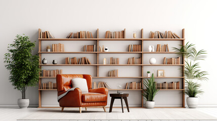 Wall Mural - Isolated on a white background, a loft-style luxury living room with a bookcase