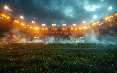 Wall Mural - Spectacular Sports Stadium: Glowing Floodlights and Empty Green Grass Field - Professional Sports Background for Advertisement