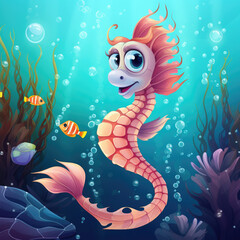 Cute Cartoon Seahorse Character Underwater in the Ocean, Generative AI