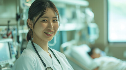 japanese female nurse smiling in front of sick patient, nurse in white uniform and stethoscope around her neck, patient lying on bed with white blanket