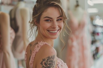 Canvas Print - A beautiful smiling woman with tattoos on her arm trying on a dress in the fashion store