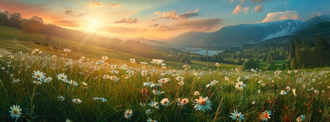 Wall Mural - A beautiful summer landscape with green grass and yellow flowers on the field