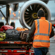 © VRAYVENUS - A baggage handler in a safety vest pushes a cart of luggage towards an airplane.
