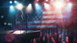 © VK Studio - A podium with microphones is lit by stage lights, with a large American flag in the blurred background, ready for a public address.