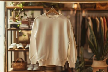 A blank cream colored sweatshirt hanging on a rack inside a stylish and trendy vintage store