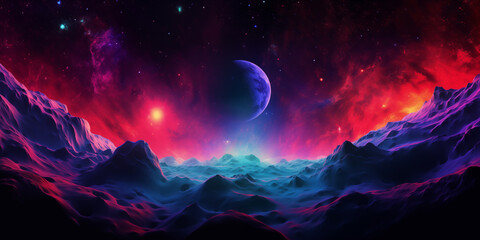 Cosmic fantastic abstract alien planet landscape poster background. Space cyberpunk and vaporwave style. Purple, red, blue bright colors. AI artwork.	