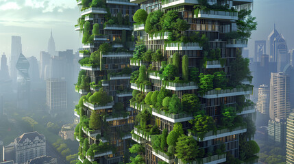 Wall Mural - A tall building with green plants growing on it. The building is surrounded by a city with many buildings
