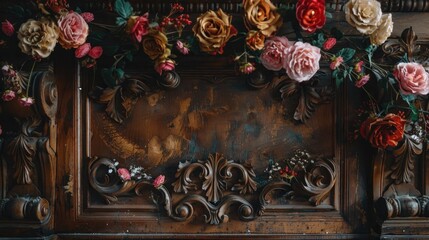 Wall Mural - Antique wooden decor adorned with flowers