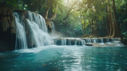 Jungle Rain Forest. Nature Scenic Landscape of Erawan Waterfall in Siam's Deep Tropical Jungle