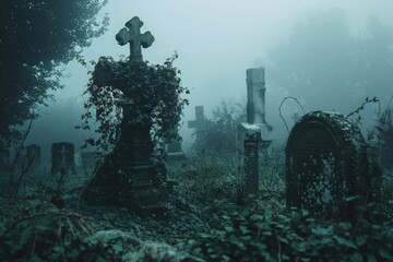 Cemetery in Twilight: Misty Fog Surrounds Overgrown Gravestones