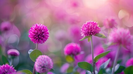 Canvas Print - Selective focus on globe amaranth or pink blooms in spring