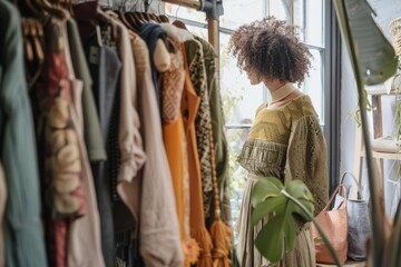 Wall Mural - Woman in Boho Dress Posing by a Window with Clothes on Display