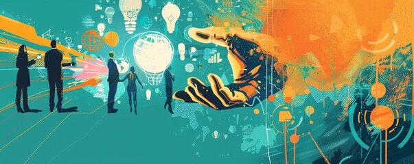 Wall Mural - Businesspeople developing global ideas for the future with a large hand holding a globe and lightbulbs