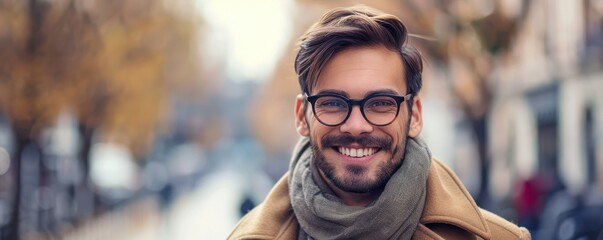 Portrait of a handsome man smiling, dressed in fashionable autumn attire. ​​Free copy space for text.