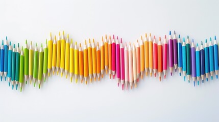 Wall Mural - Wave row of colored pencils on white background representing back to school theme with empty space