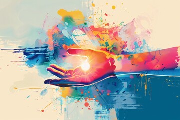 Wall Mural - Vibrant abstract depiction of a hand grasping a lightbulb with a colorful backdrop, representing creativity and ingenuity