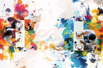 Wall Mural - Collaborative business project with vibrant paint splatter symbolizing creativity