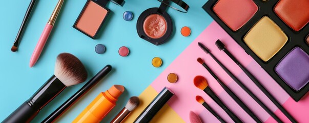 A colorful flat lay of professional makeup tools and cosmetics arranged on a pastel background. The composition includes brushes, eyeshadows, blushes, and lipsticks.