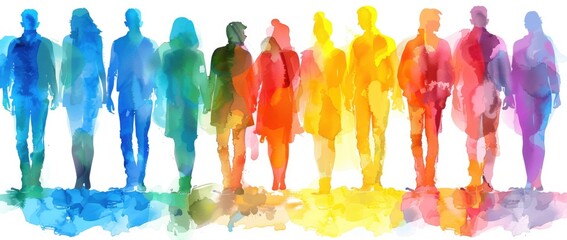 Watercolor crowd of people walking, colorful silhouettes isolated on white background