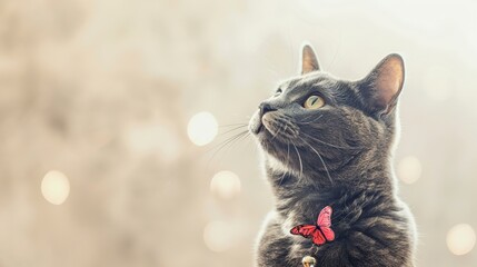 Canvas Print - Gray Cat with Butterfly Pendant Gazes Upwards