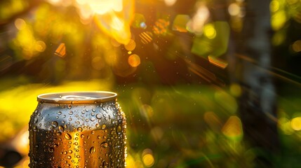 A can of beer sits on a bench in the sun.