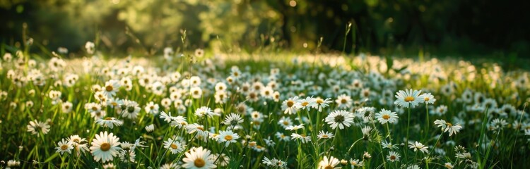 Wall Mural - A panoramic view of a spring meadow with daisies flowers on a sunny day
