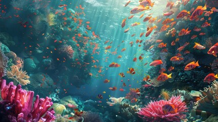 Wall Mural - Tropical Coral Reef. An Aquatic Wonderland of Red Anthias Fish and Vibrant Corals Under the Egyptian Deep Sea