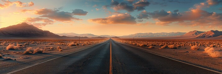 Wall Mural - Desert Highway at Sunset with Mountains in the Distance