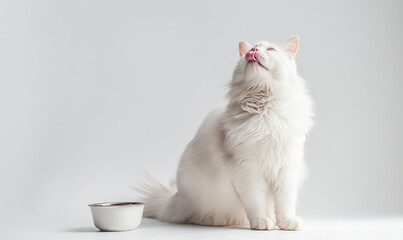 Sticker - White background, white floor, side view of an Selkirk Rex cat sitting at the edge of the photo on the ground, licking his lips and looking up, minimalist style in front of him there is a cat bowl