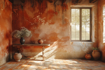 Wall Mural - Rustic farmhouse interior in Tuscany with minimalist design, featuring terracotta textures, warm sunlight, soft shadows, and earthy tones for a tranquil, clutter-free, and charming living space.