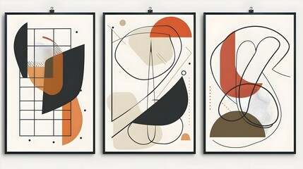 Sticker - A set of three modern art posters. Hand drawn geometric shapes and lines. Retro style.