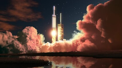 Wall Mural - night launch of heavy space rocket. 3d animation. 4k.