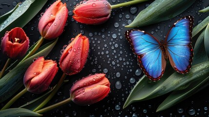 Poster - Blue morpho butterfly and tulip flowers on black background with dew drops Butterfly and tulip buds with empty spaces