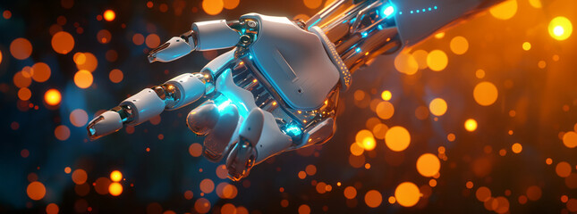 3d render of robot hand with glowing lights, white and blue colors on dark background with orange bokeh light effects
