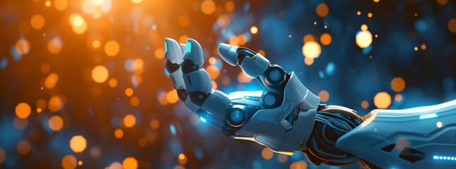 3d render of robot hand with glowing lights, white and blue colors on dark background with orange bokeh light effects
