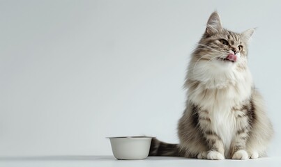 Sticker - White background, white floor, side view of an Siberian cat sitting at the edge of the photo on the ground, licking his lips and looking up, minimalist style in front of him there is a cat bowl