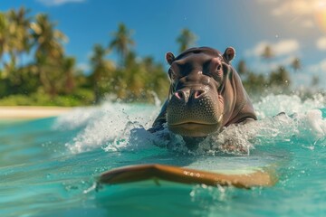 Wall Mural - Hippo enjoying surfing. Ai generative art
