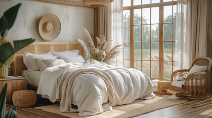 Wall Mural - Serene Eco-Friendly Bedroom with Bamboo Furniture and Organic Linens Bathed in Natural Light