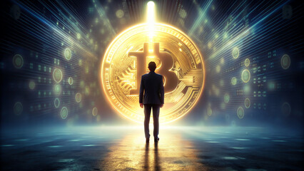 Canvas Print - person walking in front of Bit coin background