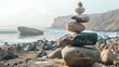 © Pascal - Balanced Rocks on a Beach With Ocean and Rocky Coastline in the Background
