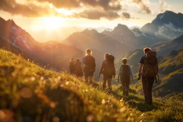 Sticker - Hikers descending mountain at sunset