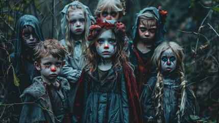 Children in demon and ghoul outfits with creepy face paint, standing in a dark, eerie forest.