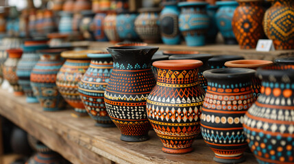 Wall Mural - Traditional African pottery and crafts displayed in a local market, focusing on the patterns, colors, and craftsmanship