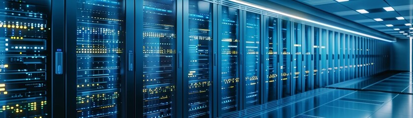 rows of server racks in a data center with bright blue lights.