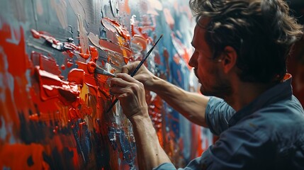 Wall Mural - A man delicately painting strokes onto a canvas using various brushes, his focus unwavering as he brings his artistic vision to life.