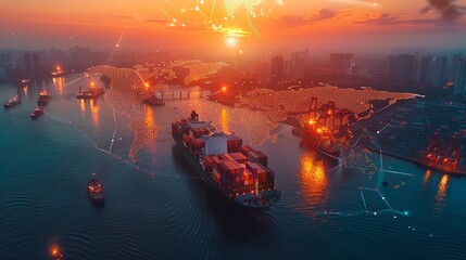 Multiple ships in a harbor at sunset with an overlay of a world map, illustrating the importance of global trade networks and the intricate logistics in the shipping industry.