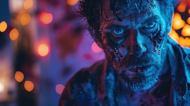 Close-up of a father in a zombie costume with glowing Halloween decorations behind him.