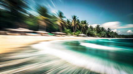 Wall Mural - A blurred image showing a beach scene with palm trees and waves rolling in